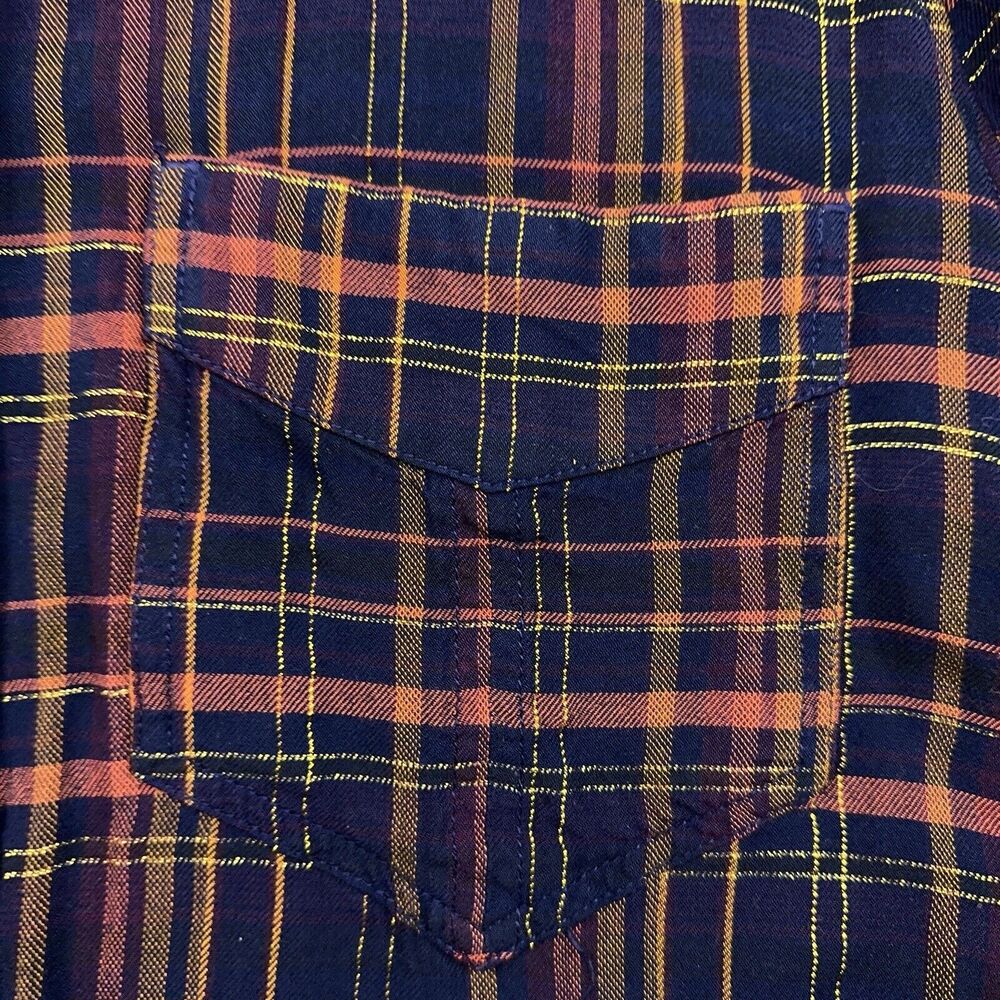 Express Shirt Women's Size L Blue Metallic Western Plaid Studded Boyfriend Snap - Picture 7 of 10
